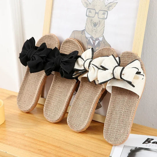 Chinelo feminino casual de verão, confortável, em linho listrado com laço, sandália plataforma, ideal para uso interno.