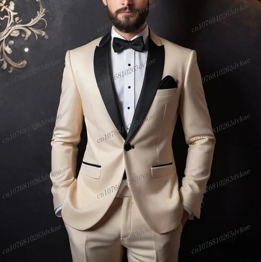 Novo Terno Masculino Branco e Preto para Casamento, Festa, Formatura, Noivo, Padrinho, Ocasiões Formais, Smoking Masculino, Conjunto de 2 Peças, Blazer e Calça