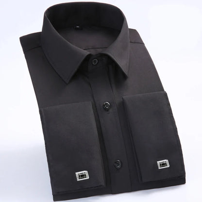 Camisa masculina clássica com punhos franceses, camisa social formal de negócios, ajuste padrão, manga longa, festa de casamento, escritório, trabalho, camisas brancas