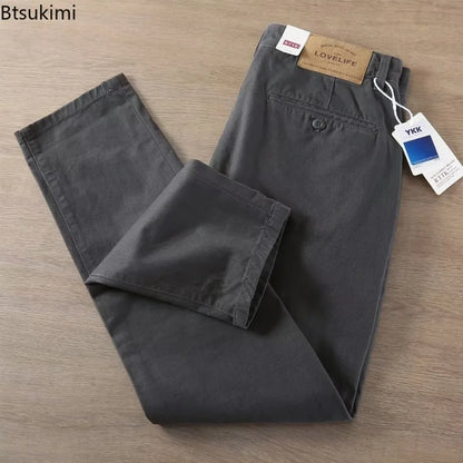 Novo 2026men primavera e outono retro conforto calças retas calças lavadas macacão 100% algodão moda solta calças casuais masculino