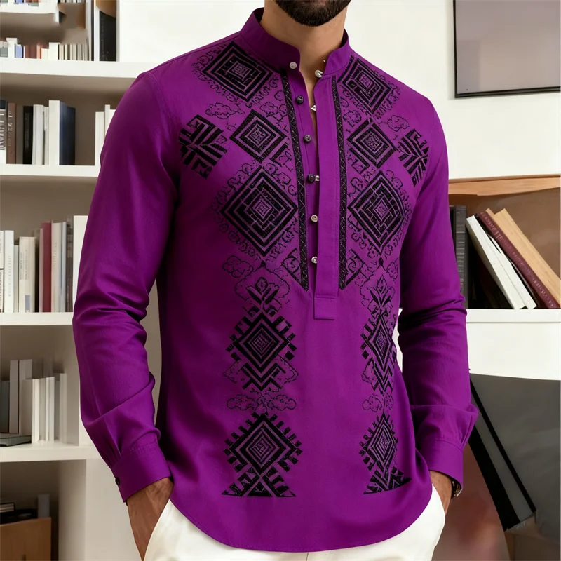Nova Camisa Masculina de Manga Longa Estilo Étnico Retrô com Estampa 3D de Totem Tribal, Camisa Casual com Botões