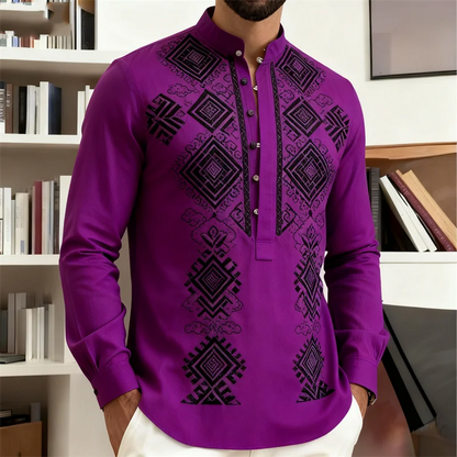 Nova Camisa Masculina de Manga Longa Estilo Étnico Retrô com Estampa 3D de Totem Tribal, Camisa Casual com Botões