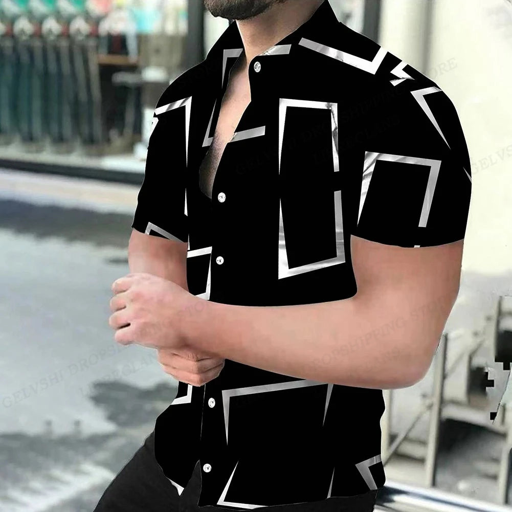 Camisas de praia com estampa geométrica 3D, camisas havaianas de manga curta, blusas masculinas, camisa gráfica, camisa Cuba, roupas masculinas