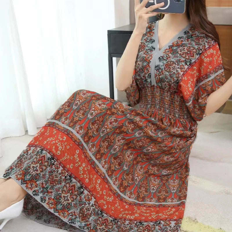 Flor colorida com decote em v elástico jovem boêmio doce midi vestido mulher roupas chique moda vestidos de verão 2025 grande balanço esqui