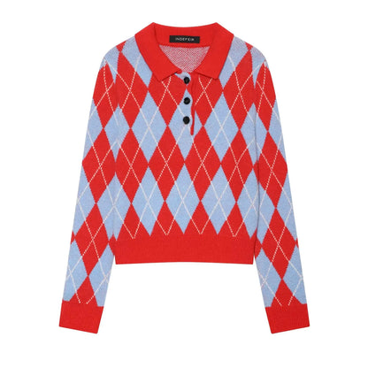 Suéter Feminino de Tricô Argyle para Outono/Inverno, Pulôver Casual Quente com Botões e Manga Longa