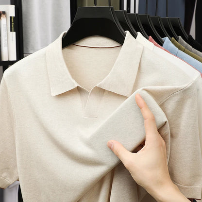 100% Lyocell malhas 2025 homens primavera verão na moda turn down collar malha camisetas manga curta respirável malha topos