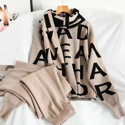 Casual malha outono inverno feminino 2 peça conjunto tornozelo comprimento calças de perna larga terno coreia carta impressão camisola topos cachecol conjunto