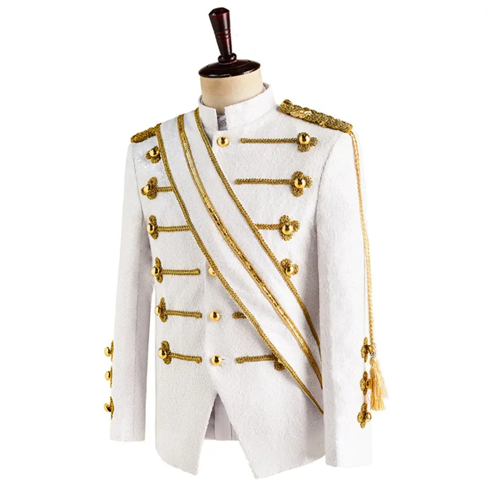 Uniforme masculino de lantejoulas MJ Dance Wear Glitter Preto Branco Vintage Michael Jackson Jaqueta de palco com borla