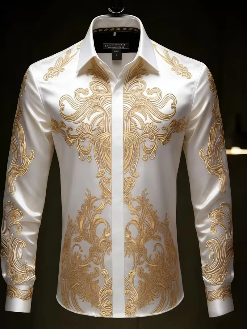 Nova camisa masculina de manga comprida com estampa geométrica dourada e detalhes em diamante, com caimento suave e lapela de cetim.