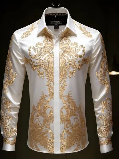 Nova camisa masculina de manga comprida com estampa geométrica dourada e detalhes em diamante, com caimento suave e lapela de cetim.