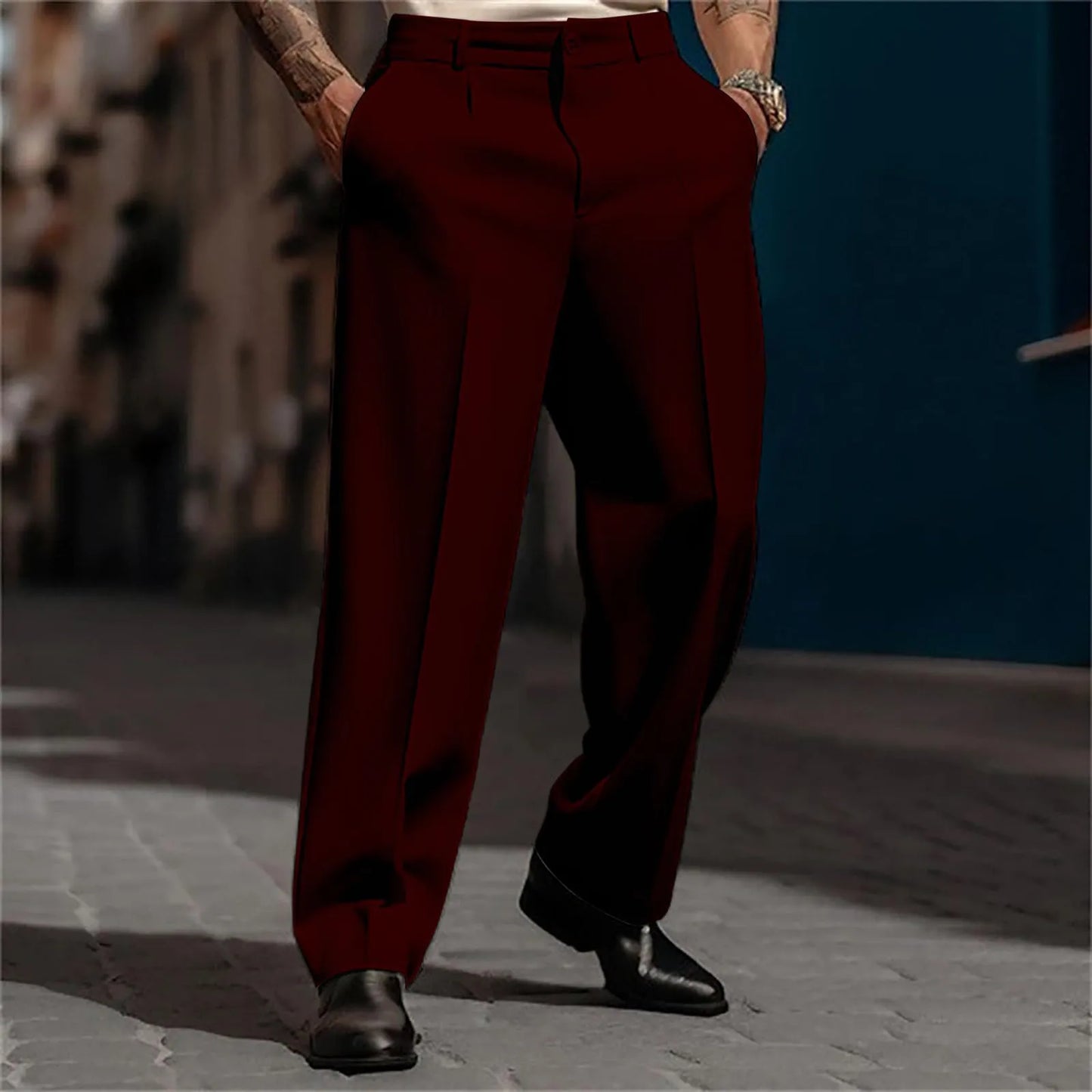 Calças de terno masculino moda perna reta respirável calças casuais cor pura bolso uso diário ajuste confortável