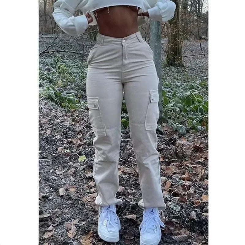Mulheres cintura alta alta elástica sólida jeans 2023 novo outono jeans feminino workwear com bolso denim calças de perna reta calças de carga
