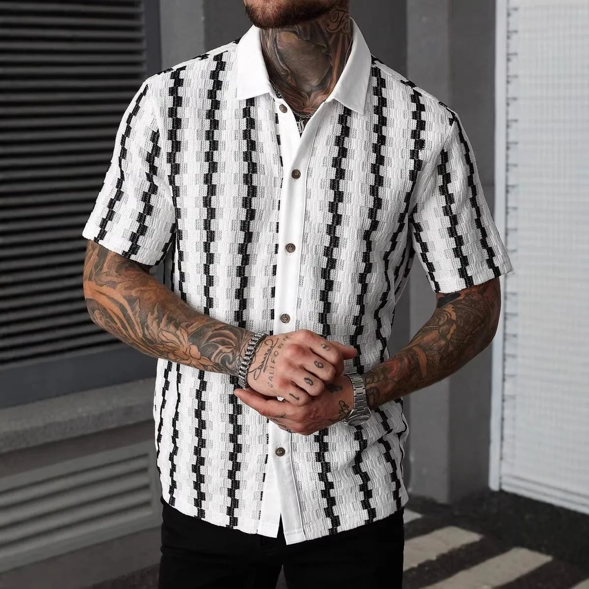 Camisa Clássica de Malha com Listras Xadrez para Homens, Manga Curta, Botão Frontal, Colarinho Tradicional, Estilo Vintage, Ajuste Slim