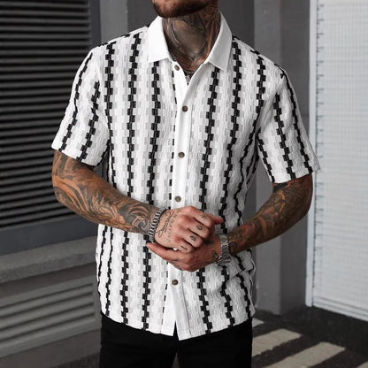 Camisa Clássica de Malha com Listras Xadrez para Homens, Manga Curta, Botão Frontal, Colarinho Tradicional, Estilo Vintage, Ajuste Slim