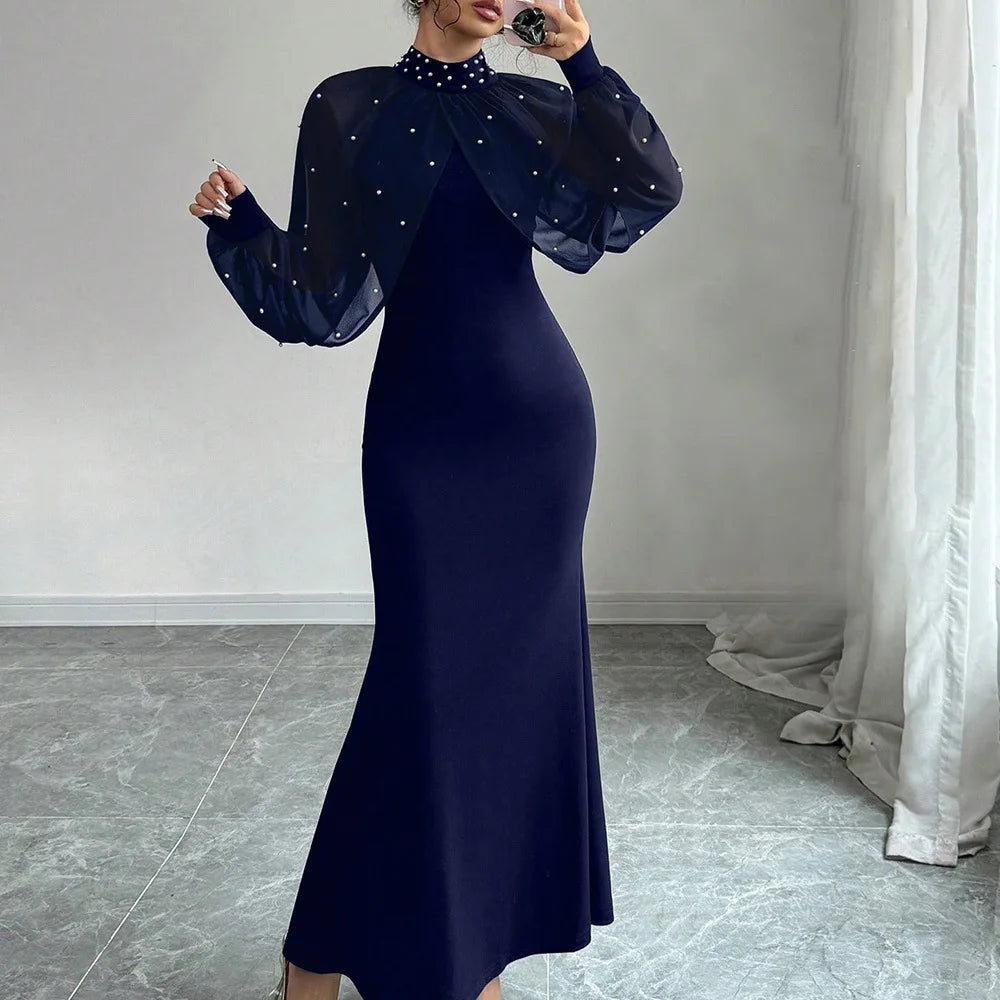 Vestido Formal Elegante de Manga Longa Estilo Sereia com Contas e Saia de Veludo Brilhante para Mulheres, Estilo Chic e Elegante