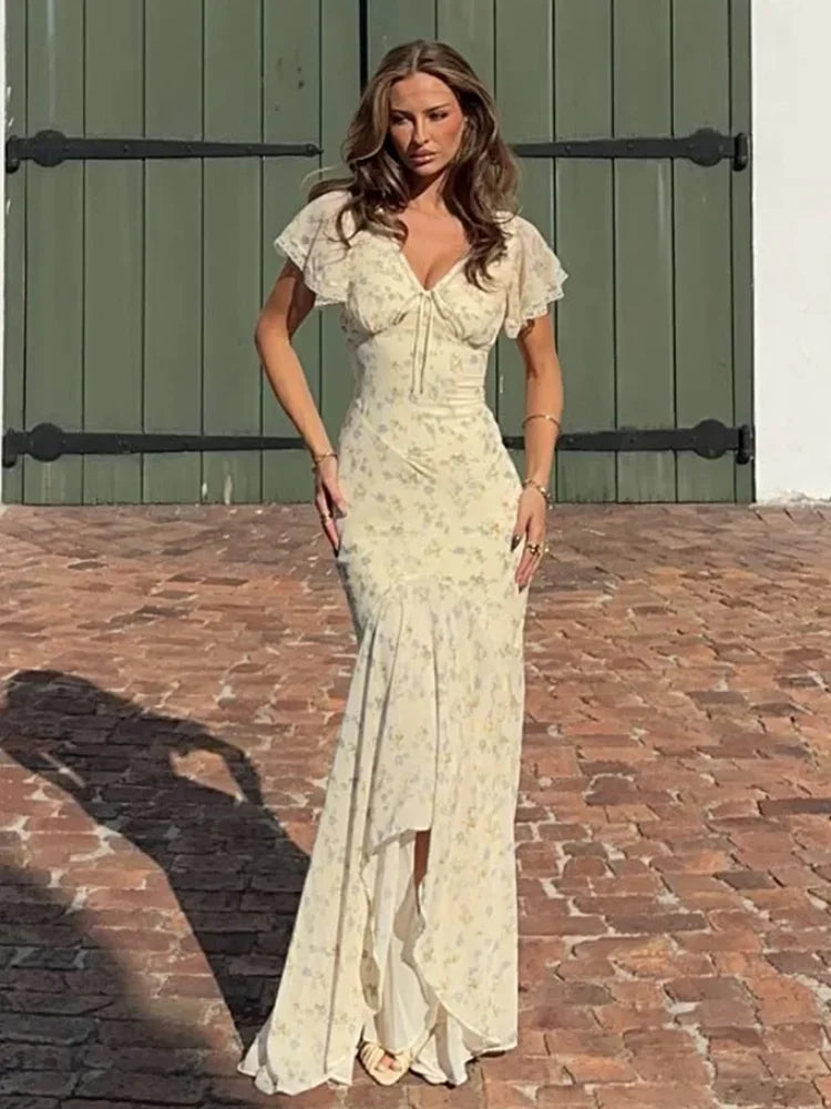Vestido Longo Plissado com Mangas Borboleta para Mulheres, Decote V Profundo, Estampa Floral, Sexy, com Cintura Ajustável, Vestidos Femininos para Férias e Passeio