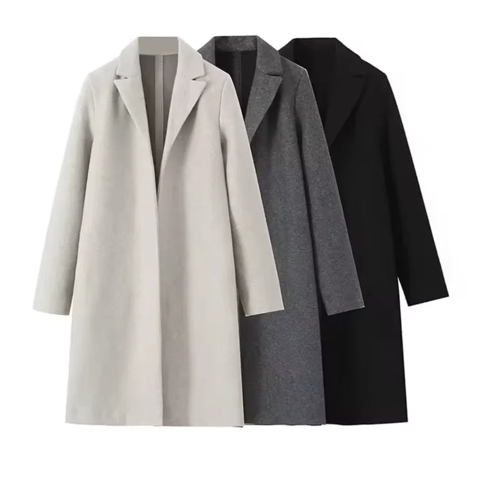 Casaco feminino de lã, modelo trench coat longo, liso, com costura aberta, decote em V vintage e mangas compridas. Ideal para um look feminino elegante.
