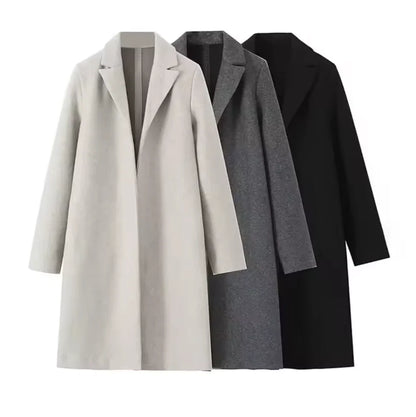 Casaco feminino de lã, modelo trench coat longo, liso, com costura aberta, decote em V vintage e mangas compridas. Ideal para um look feminino elegante.