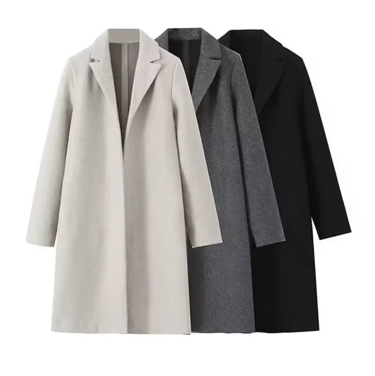 Casaco feminino de lã, modelo trench coat longo, liso, com costura aberta, decote em V vintage e mangas compridas. Ideal para um look feminino elegante.