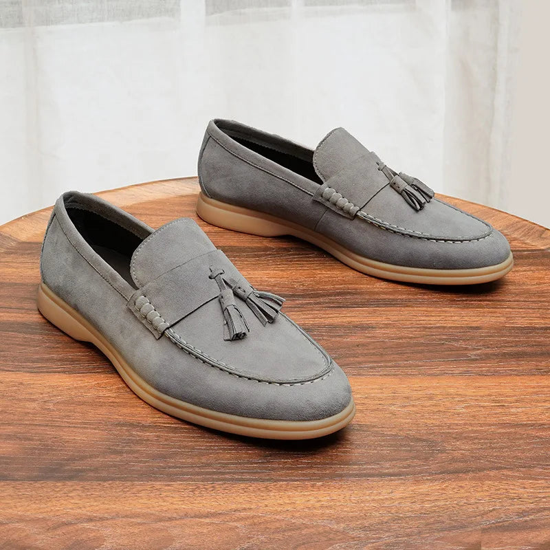 Mocassins Masculinos com Detalhe de Franjas em Couro Legítimo, Sapatos Formais de Negócios com Bico Redondo e Sola Baixa de Borracha, Respirável para o Verão