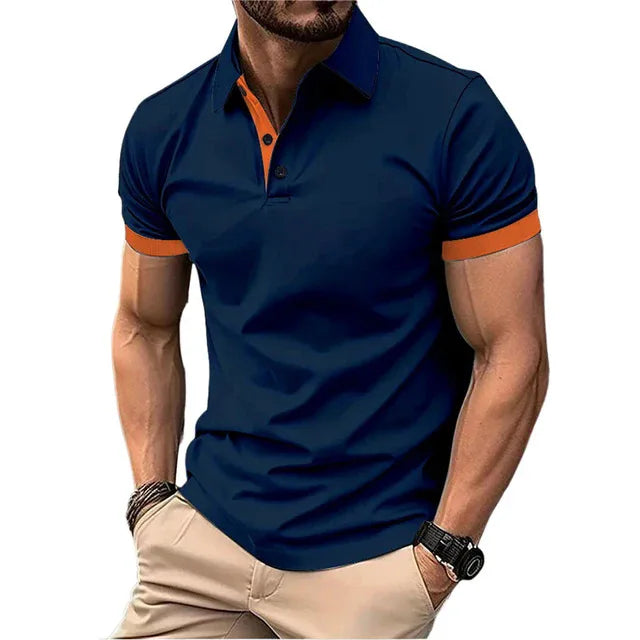 Camisa polo masculina de manga curta, corte slim casual, com blocos de cores, estilo inglês streetwear. Moda masculina.