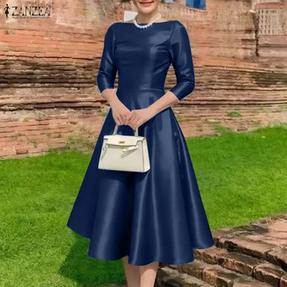 Vestidos Midi Elegantes de Cetim Preto ZANZEA para Mulheres, Decote Canoa, Manga 3/4, Vestido A-Line para Convidadas de Casamento