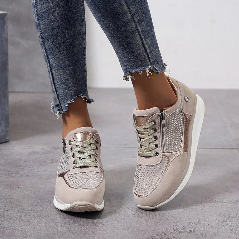 Tênis feminino novo, luxuoso, com cristais, casual, plataforma, esportivo, moda plus size, com salto anabela.