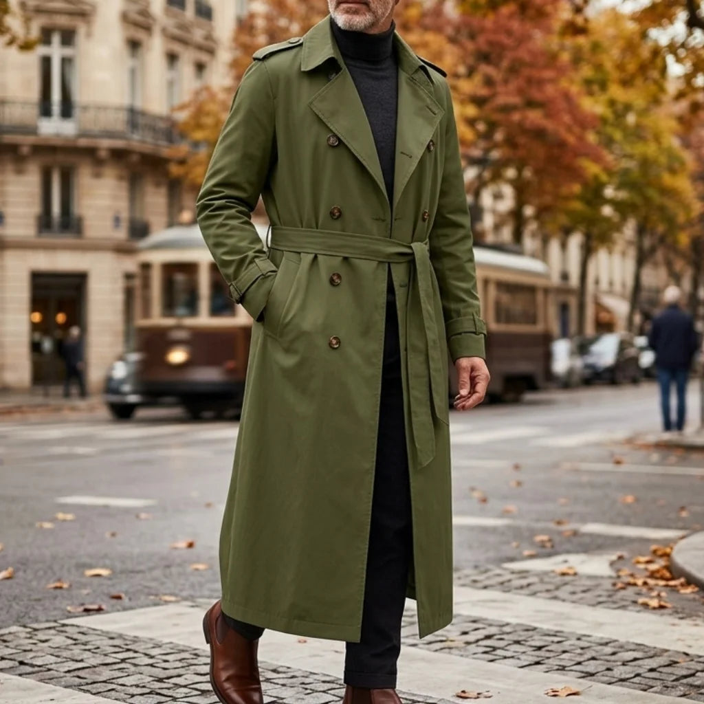 Novo Casaco Masculino de Outono Super Longo - Corta-Vento com Cinto e Botões Duplos |   Jaquetas Longas Casuais Finas e Soltas para Homens
