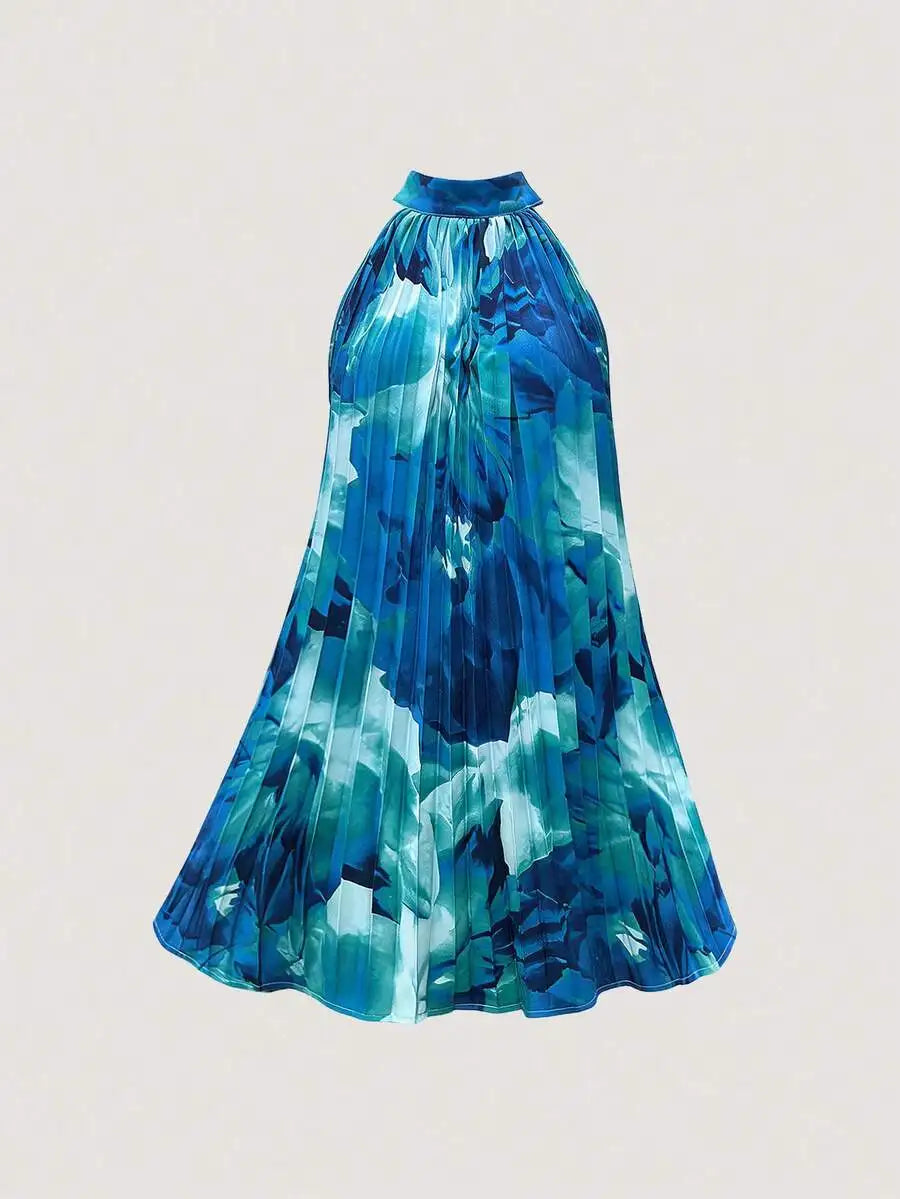 Vestido curto verde-oliva plissado com decote halter