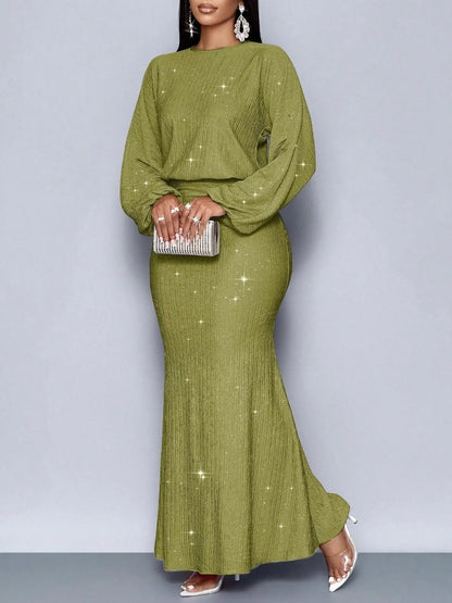 Vestido Elegante de Manga Longa com Decote Redondo e Cintura Alta para Mulheres, Vestido de Festa Formal Chic para Noite