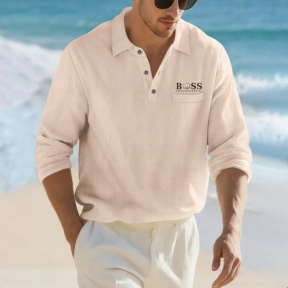 Camisa Masculina Casual de Linho e Algodão Leve com Lapela, Solta, Cor Sólida, Moda Primavera Outono, com Detalhe Decorativo na Gola