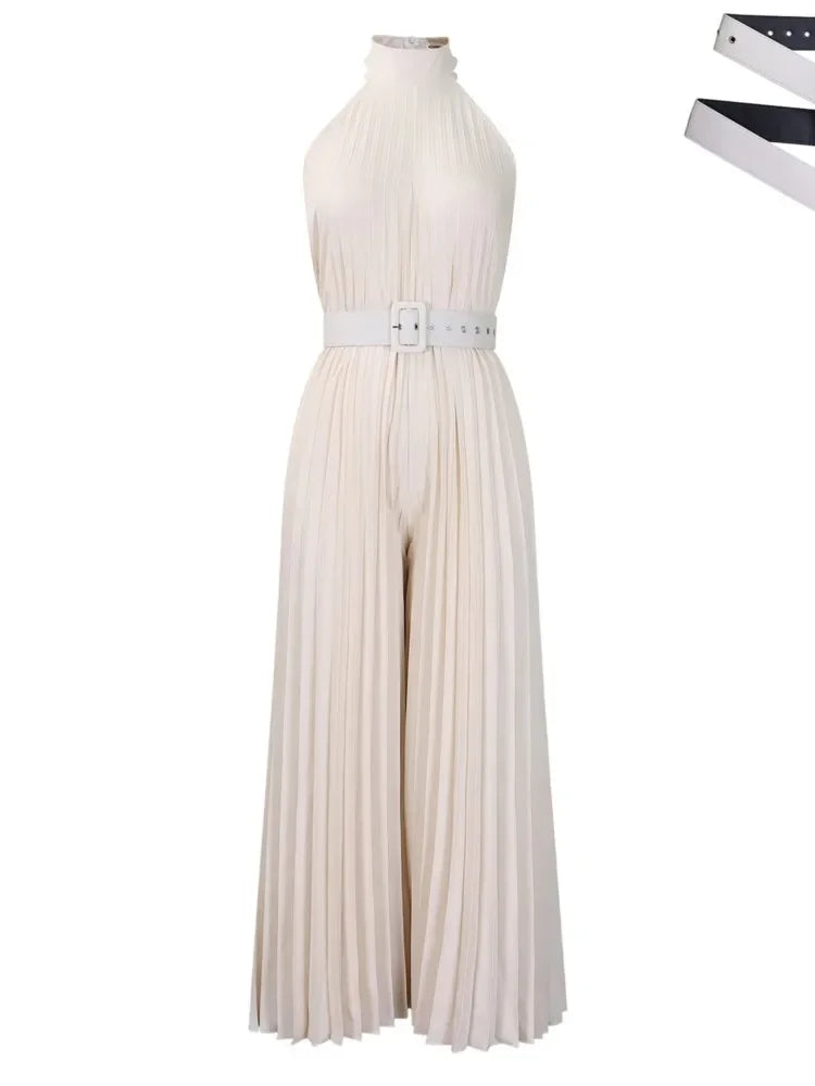 CPSYMYM Sexy Halter Sleeveless Women's Reunion Romper Summer New Female Elegant Pleated Waist Belted Wide Leg Jumpsuit Pants