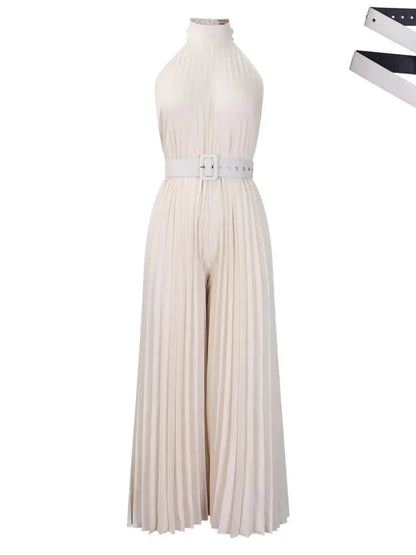 CPSYMYM Sexy Halter Sleeveless Women's Reunion Romper Summer New Female Elegant Pleated Waist Belted Wide Leg Jumpsuit Pants