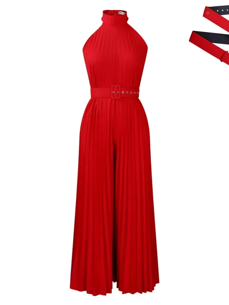 CPSYMYM Sexy Halter Sleeveless Women's Reunion Romper Summer New Female Elegant Pleated Waist Belted Wide Leg Jumpsuit Pants