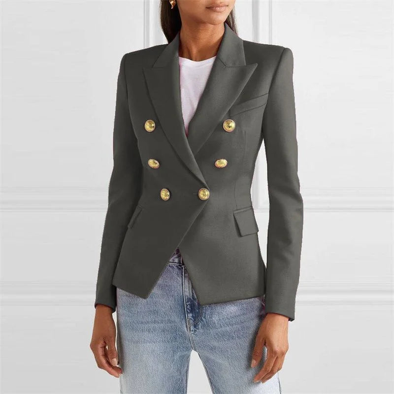 Blazer feminino de alfaiataria, modelo slim, estilo europeu/americano, para primavera/outono, com abotoamento duplo.
