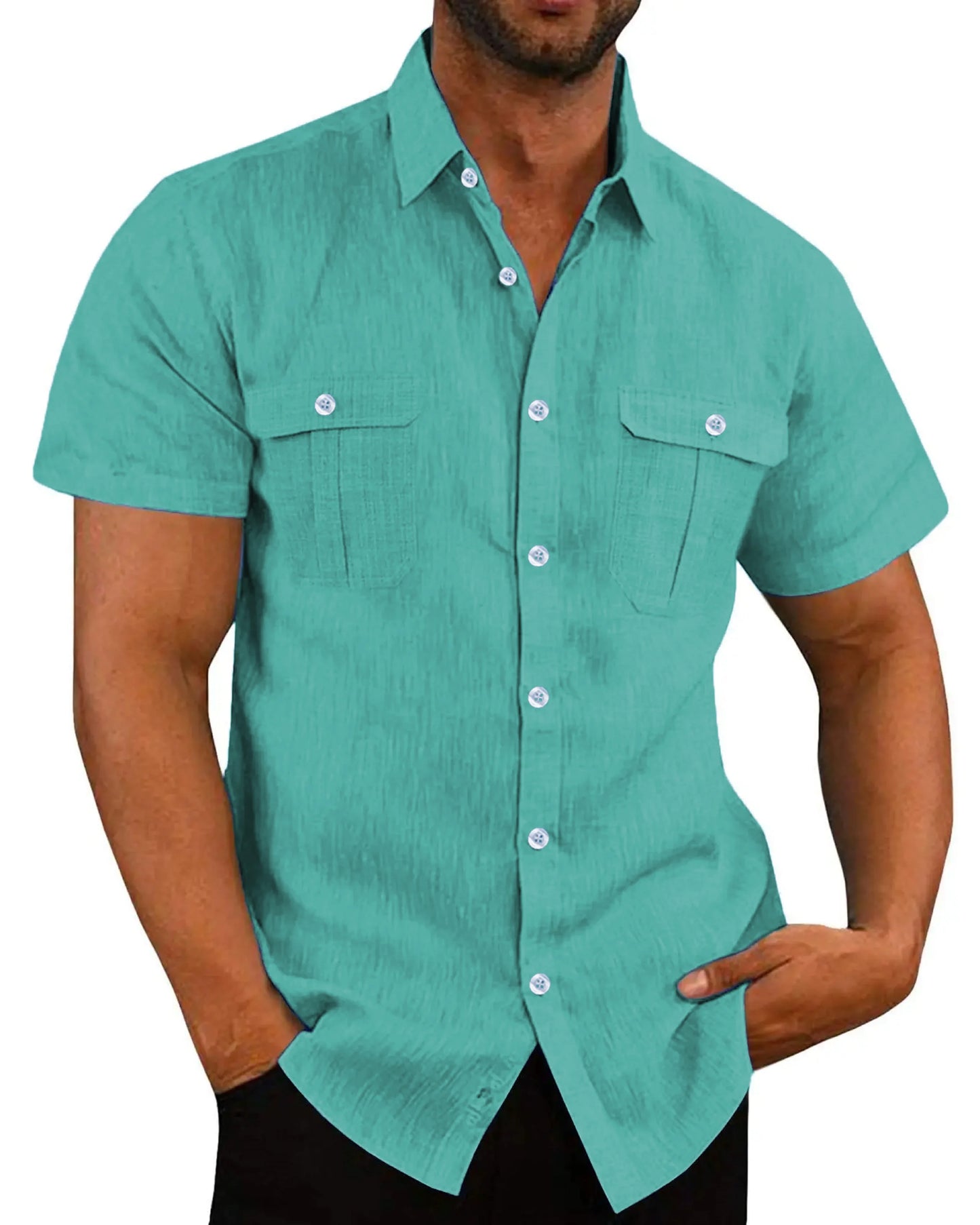 Camisa masculina de manga curta, cor sólida, moderna, com dois bolsos no peito, ideal para o verão. Cardigã casual para uso externo.