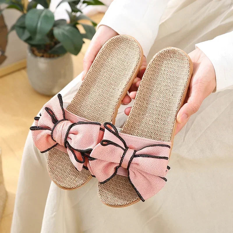Chinelo feminino casual de verão, confortável, em linho listrado com laço, sandália plataforma, ideal para uso interno.
