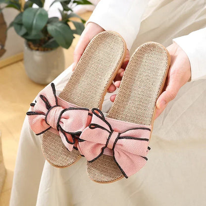 Chinelo feminino casual de verão, confortável, em linho listrado com laço, sandália plataforma, ideal para uso interno.