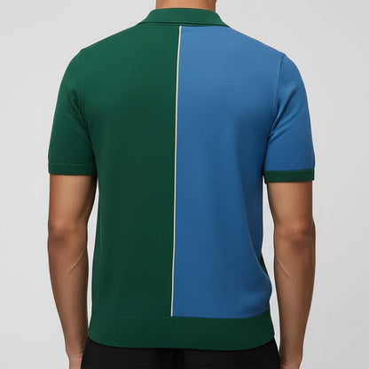 Men's Color Blocked Polo Shirt Short Sleeve Knitted Cotton Zipper Front Logo Casual Breathable Design