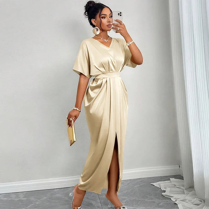 Vestido Maxi de Cetim com Decote em V e Manga Curta para Mulheres, Elegante com Cinto na Cintura e Fenda Lateral, Ideal para Festas de Verão e Noites