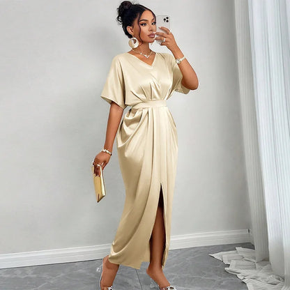 Vestido Maxi de Cetim com Decote em V e Manga Curta para Mulheres, Elegante com Cinto na Cintura e Fenda Lateral, Ideal para Festas de Verão e Noites