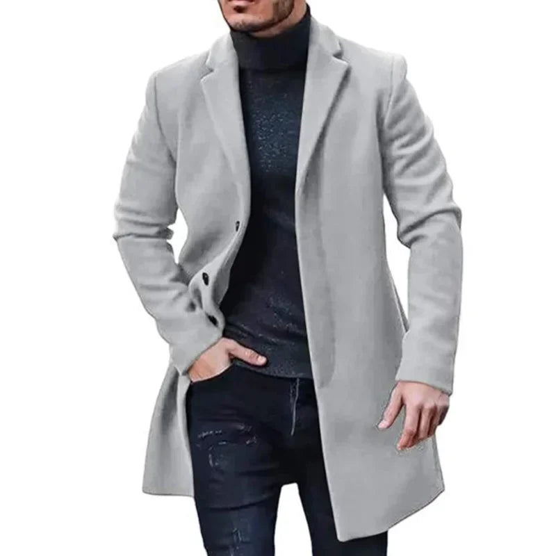 Novo Casaco Masculino de Lã, Sobretudo Corta-Vento, Trench Coat, Cor Sólida, Casaco de Outono e Inverno, Cardigã, Jaqueta Masculina
