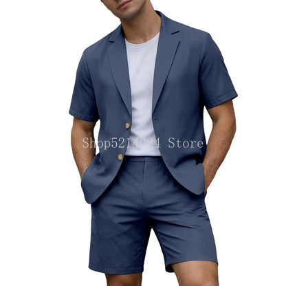 Conjuntos para Homens Blazer de Manga Curta e Calças Curtas Leves para Casamento, Festa, Negócios e Trajes Formais