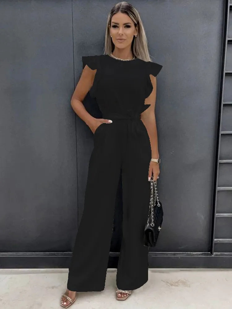 Elegante moda feminina branco borboleta manga macacão sólido casual o-pescoço cintos perna larga playsuit verão senhora do escritório macacões