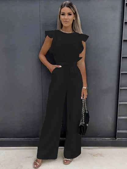 Elegante moda feminina branco borboleta manga macacão sólido casual o-pescoço cintos perna larga playsuit verão senhora do escritório macacões