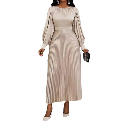 Pleated Dress Women Lantern Sleeves Long Dresses Round Collar Tight Waist A Line Spring 2026 Vestidos Office Lady Maxi Gown