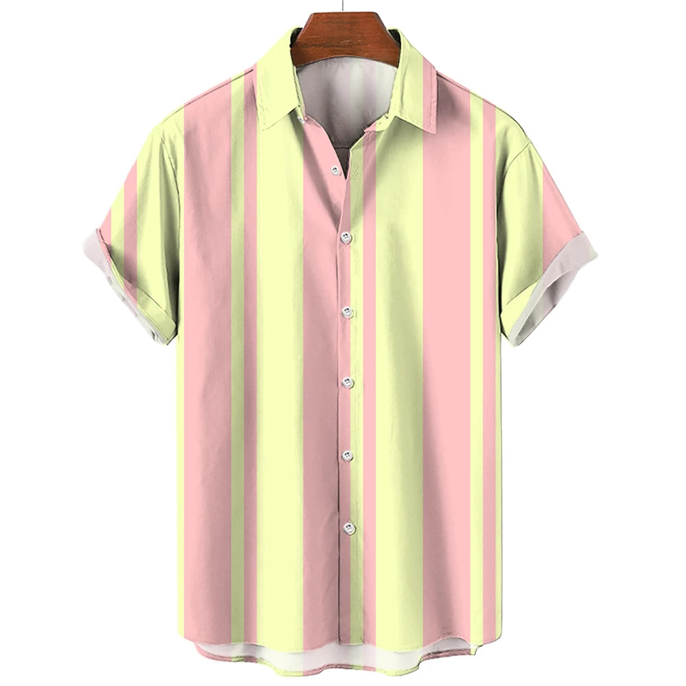Camiseta listrada de manga curta com botão havaiano masculina, blusa xadrez, roupa de praia vermelha, camisa preta e branca, roupas masculinas, verão