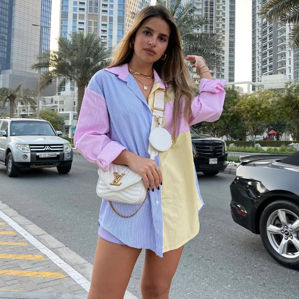 Camisas listradas soltas para mulheres, blusa casual chique, tops femininos, lapela, renda extragrande, nova moda