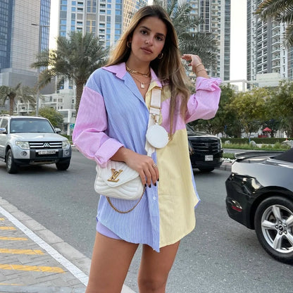 Camisas listradas soltas para mulheres, blusa casual chique, tops femininos, lapela, renda extragrande, nova moda