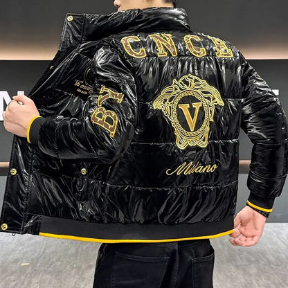 Novo casaco de moda brilhante, estilo europeu, bordado, masculino, com gola alta, acolchoado com algodão, grosso e quente.